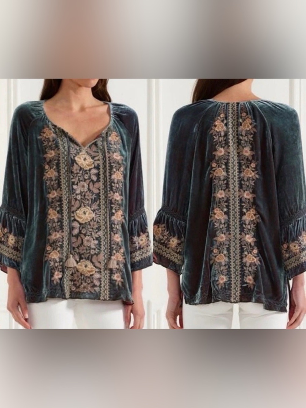 Johnny Was Sz L large Marushka velvet embroidered blouse